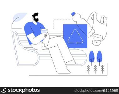 Recycled park benches abstract concept vector illustration. Smiling man sitting on a park bench from recycled materials, ecology environment, sustainable manufacturing abstract metaphor.. Recycled park benches abstract concept vector illustration.