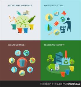 Recycling And Waste Reduction Icons Set. Recycling and waste reduction icons set with materials and sorting flat isolated vector illustration