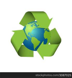 Recycling arrows earth, recycle sign on planet earth isolated on white background, vector illustration