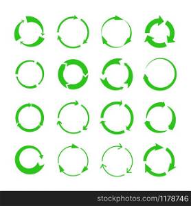 Recycling arrows. Green circles arrow biodegrade symbols, vector recycle materials cycle icons isolated on white background. Green recycling arrows