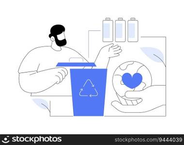 Recycling batteries abstract concept vector illustration. Man putting renewable eco-friendly batteries in a box for recycling, ecology environment, sustainable energy abstract metaphor.. Recycling batteries abstract concept vector illustration.