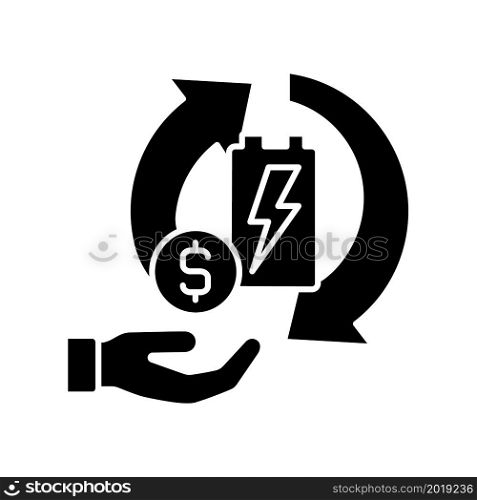 Recycling batteries for money black glyph icon. Sell old accumulator for profit. Earn cash on recycling activity. Circular economy. Silhouette symbol on white space. Vector isolated illustration. Recycling batteries for money black glyph icon