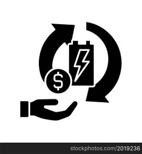 Recycling batteries for money black glyph icon. Sell old accumulator for profit. Earn cash on recycling activity. Circular economy. Silhouette symbol on white space. Vector isolated illustration. Recycling batteries for money black glyph icon