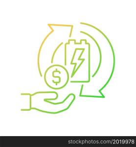 Recycling batteries for money gradient linear vector icon. Sell old accumulator for cash. Earn on recycling. Thin line color symbol. Modern style pictogram. Vector isolated outline drawing. Recycling batteries for money gradient linear vector icon