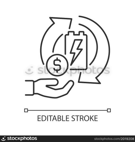 Recycling batteries for money linear icon. Sell old accumulator for cash. Earn on recycling. Thin line customizable illustration. Contour symbol. Vector isolated outline drawing. Editable stroke. Recycling batteries for money linear icon