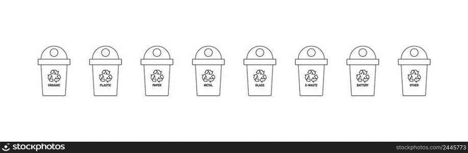 Recycling bins for waste separation icon set. Bin trash vector desing.