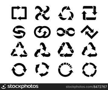 Recycling black icons. Silhouette shapes of reusable product circle arrows. Vector collection isolated black icons recycle image. Recycling black icons. Silhouette shapes of reusable product circle arrows. Vector collection