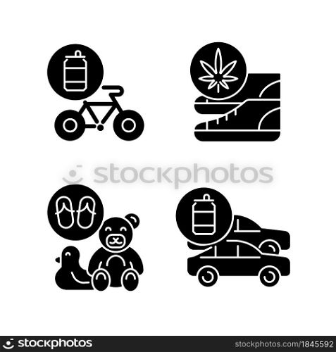 Recycling business black glyph icons set on white space. Eco friendly bike. Sustainable shoes. Toys from flip flops. Vehicles from aluminum cans. Silhouette symbols. Vector isolated illustration. Recycling business black glyph icons set on white space