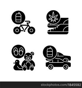Recycling business black glyph icons set on white space. Eco friendly bike. Sustainable shoes. Toys from flip flops. Vehicles from aluminum cans. Silhouette symbols. Vector isolated illustration. Recycling business black glyph icons set on white space