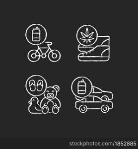 Recycling business chalk white icons set on dark background. Eco friendly bike. Sustainable shoes. Toys from flip flops. Vehicles from aluminum cans. Isolated vector chalkboard illustrations on black. Recycling business chalk white icons set on dark background