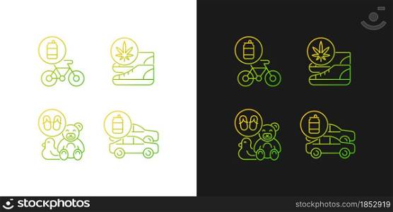 Recycling business gradient icons set for dark and light mode. Sustainable shoes, bike. Thin line contour symbols bundle. Isolated vector outline illustrations collection on black and white. Recycling business gradient icons set for dark and light mode