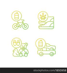 Recycling business gradient linear vector icons set. Eco friendly bike. Sustainable shoes. Toys from flip flops. Thin line contour symbols bundle. Isolated outline illustrations collection. Recycling business gradient linear vector icons set