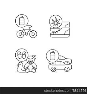 Recycling business linear icons set. Eco friendly bike. Sustainable shoes. Toys from flip flops. Customizable thin line contour symbols. Isolated vector outline illustrations. Editable stroke. Recycling business linear icons set