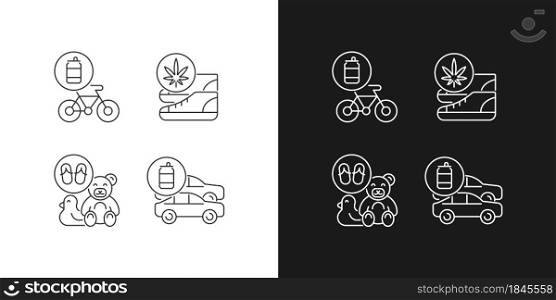 Recycling business linear icons set for dark and light mode. Eco friendly bike. Sustainable shoes. Customizable thin line symbols. Isolated vector outline illustrations. Editable stroke. Recycling business linear icons set for dark and light mode