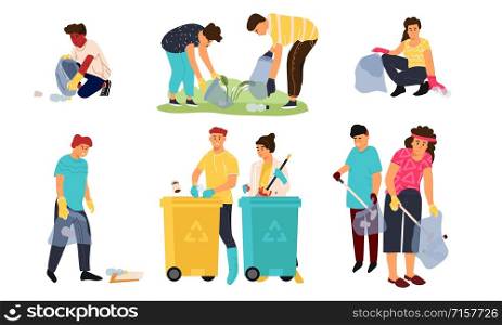 Recycling characters. Cartoon men women and children collecting garbage in containers for sorting and recycling. Vector illustrations environment scene cleaning garbage for recycle and separate set. Recycling characters. Cartoon men women and children collecting garbage in containers for sorting and recycling. Vector scene set
