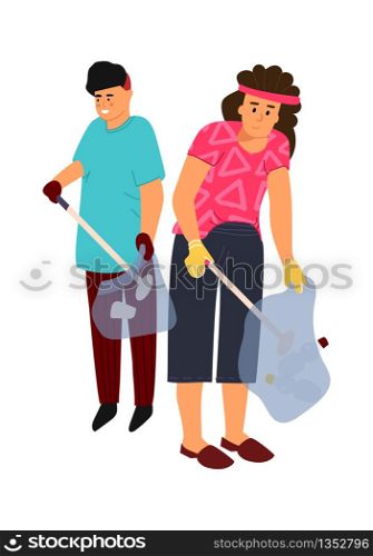 Recycling characters. Vector image man and woman sort trash. Gloved people collect garbage in sorting bags. Recycling characters. Vector man and woman sort trash