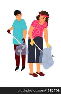 Recycling characters. Vector image man and woman sort trash. Gloved people collect garbage in sorting bags. Recycling characters. Vector man and woman sort trash