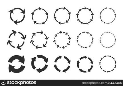 Recycling circular arrows set. Cycling circles, reload symbols, graphic monochrome round loop shapes. Vector illustrations for rotation, loading concepts