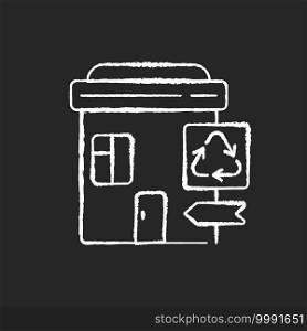 Recycling collection center chalk white icon on black background. Landfill and material recovery facility. Drop-off center. Trash disposal. Transfer station. Isolated vector chalkboard illustration. Recycling collection center chalk white icon on black background