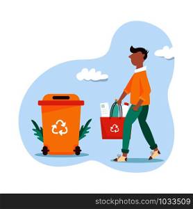Recycling concept. Young man sorting garbage. Conscious eco living.. Recycling concept. Young man with sorted garbage
