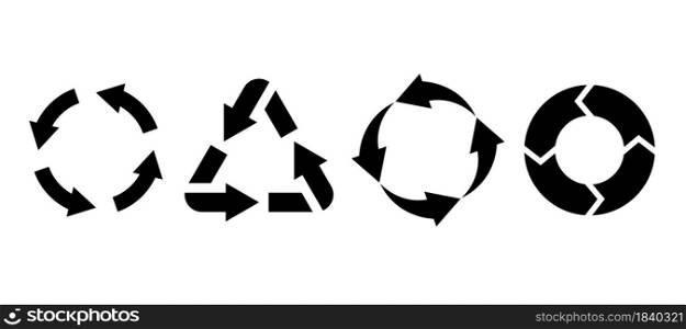 Recycling environmental labels. Black silhouette. Circle and triangle arrows. Bio garbage, biodegradable waste. Reuse and recycling eco symbols. Product sings. Pollution control vector isolated set. Recycling environmental labels. Black silhouette. Circle and triangle arrows. Bio garbage, biodegradable waste. Reuse and recycling eco symbols. Product sings. Vector isolated set
