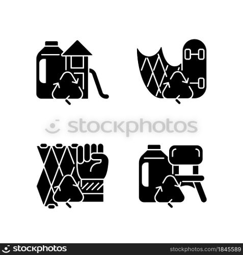Recycling for sustainability black glyph icons set on white space. Fishing gear reuse. Eco friendly playground. Sustainable skateboard. Silhouette symbols. Vector isolated illustration. Recycling for sustainability black glyph icons set on white space