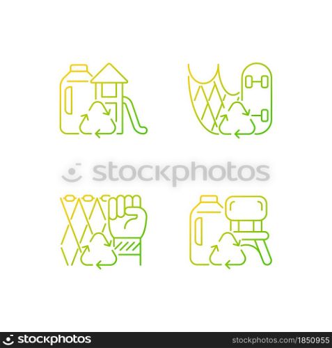 Recycling for sustainability gradient linear vector icons set. Fishing gear reuse. Eco friendly playground. Plastic lumber. Thin line contour symbols bundle. Isolated outline illustrations collection. Recycling for sustainability gradient linear vector icons set