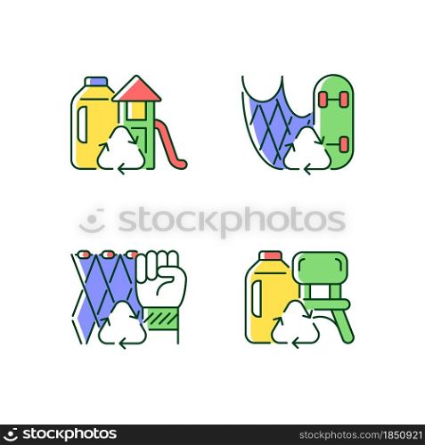 Recycling for sustainability RGB color icons set. Fishing gear reuse. Eco friendly playground. Sustainable skateboard. Isolated vector illustrations. Simple filled line drawings collection. Recycling for sustainability RGB color icons set