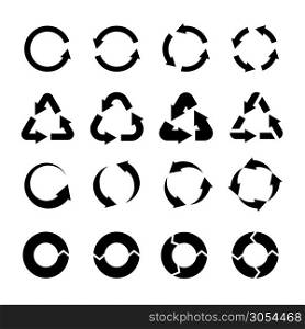 Recycling icons. Black circle arrows environmental labels. Bio garbage, biodegradable waste and reuse trash, ecology pictograms isolated vector logo of recycleable product set. Recycling icons. Black circle arrows environmental labels. Bio garbage, biodegradable waste and reuse trash, ecology pictograms vector set