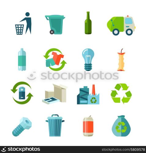 Recycling Icons Set . Recycling icons set with waste types and collection flat isolated vector illustration
