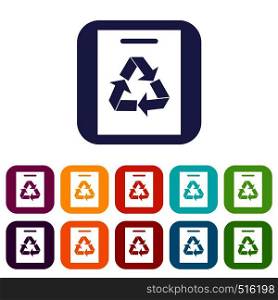 Recycling icons set vector illustration in flat style in colors red, blue, green, and other. Recycling icons set