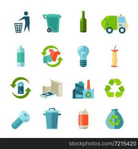 Recycling icons set with waste types and collection flat isolated vector illustration . Recycling Icons Set