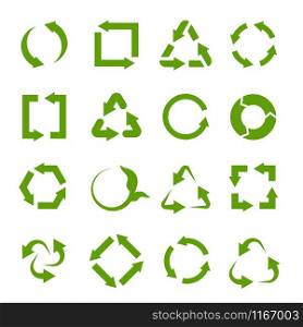 Recycling icons. Various green circle arrow symbols. Waste reuse recycle, garbage and biodegradable trash, ecology protection vector recyclability material signs. Recycling icons. Various green circle arrow symbols. Waste reuse recycle, garbage and biodegradable trash, ecology protection vector signs