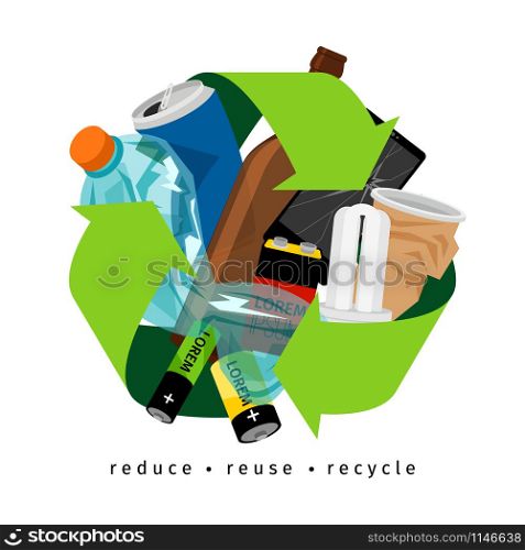 Recycling label with trash and recycle sign, on white background, vector illustration. Recycling label with trash