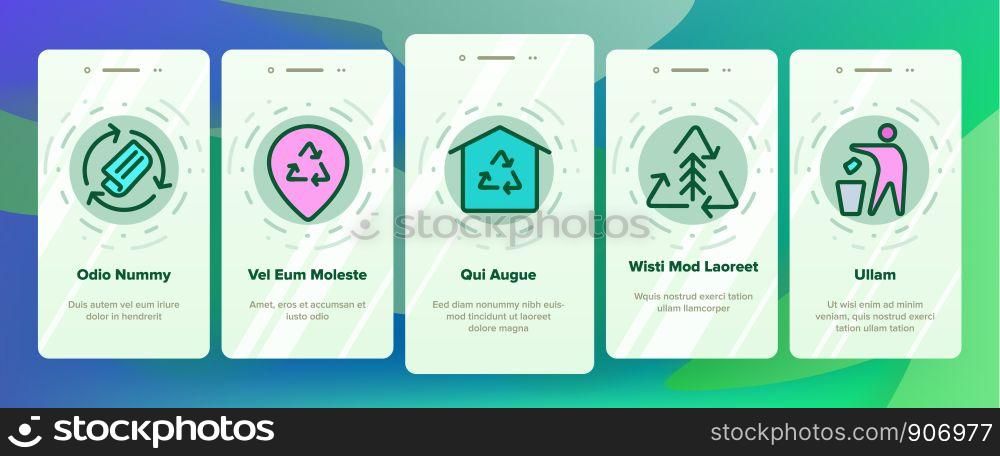 Recycling Onboarding Mobile App Page Screen Vector. Recycling Sign On Location GPS Mark And File, Waste Basket And Laptop Monitor Linear Pictograms. Dumptruck Monochrome Contour Illustrations. Recycling Onboarding Vector