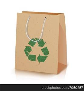Recycling Paper Bag. Illustration Of Recycled Brown Shopping Paper Bag With Handles That Do Not Cause Harm To The Environment. Recycling Sign Icon. Ecologic Craft Package. Isolated Illustration. Recycling Paper Bag. Illustration Of Recycled Brown Shopping Paper Bag With Handles That Do Not Cause Harm To The Environment. Recycling Sign Icon. Ecologic Craft Package. Isolated