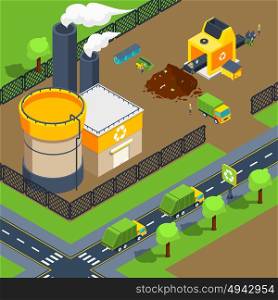 Recycling Plant Isometric Poster. Recycling plant isometric poster of territory with factory sorting line and trucks for deliver vector illustration