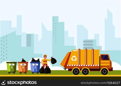 Recycling process of gathering rubbish from separated containers bin vector. Man working collecting waste to put in transport with bags. Recycle service in town, reusing of paper and plastic. Recycling process of gathering rubbish from separated container