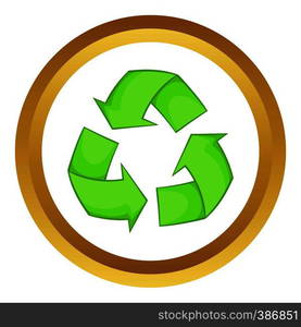 Recycling vector icon in golden circle, cartoon style isolated on white background. Recycling vector icon