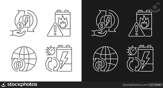 Recycling world industry linear icons set for dark and light mode. Sell old batteries. E-waste processing rate. Customizable thin line symbols. Isolated vector outline illustrations. Editable stroke. Recycling world industry linear icons set for dark and light mode
