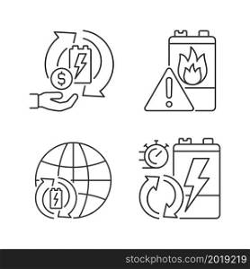 Recycling world industry linear icons set. Make money on used batteries. E-waste processing rate. Customizable thin line contour symbols. Isolated vector outline illustrations. Editable stroke. Recycling world industry linear icons set