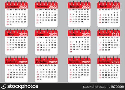 Red 2022 calendar. Page on spiral. Flat template. Planner diary. Realistic mockup. Vector illustration. Stock image. EPS 10.. Red 2022 calendar. Page on spiral. Flat template. Planner diary. Realistic mockup. Vector illustration. Stock image.