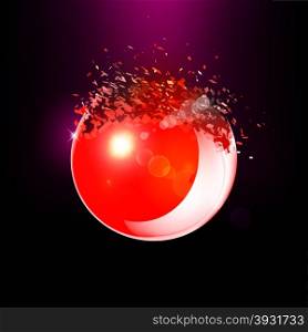 Red 3D ball with flares exploded into messy pieces