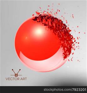 Red 3D ball with reflection exploded into messy pieces