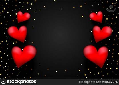 red 3d hearts with golden confetti on black background with text space