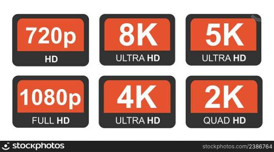 Red 8K, 4K, 5k Ultra HD Video Resolution Icon Logo High Definition TV Game Screen monitor display Label. Red 8K, 4K, 5k Ultra HD Video Resolution Icon Logo High Definition TV Game Screen monitor