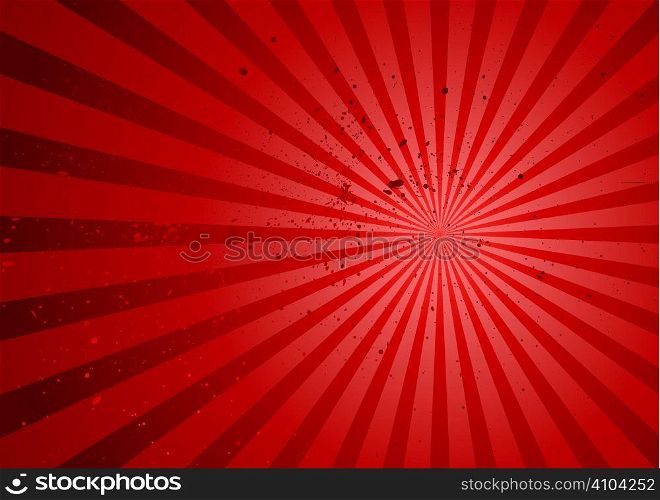 Red abstract background with radiating rays and grunge ink splats