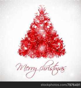 Red abstract Christmas tree on white background with lights and snowflakes. Vector illustration for poster, web, greeting card.