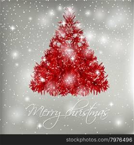 Red abstract Christmas tree on white background with lights and snowflakes. Vector illustration for poster, web, greeting card.