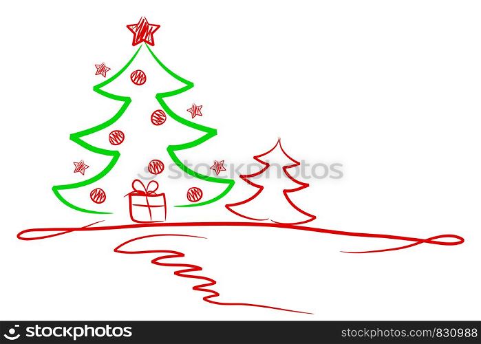 Red Abstract Christmas Tree with Stars for Greeting Card, Stock Vector Illustration